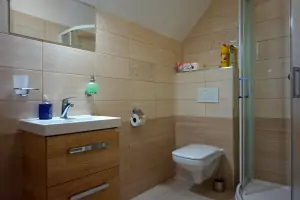 část č. 3: koupelna se sprchovým koutem, umyvadlem a WC