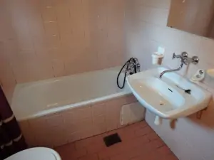 koupelna je vybavena vanou, WC a umyvadlem