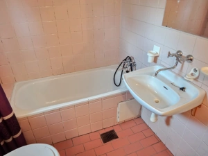 koupelna je vybavena vanou, WC a umyvadlem