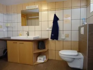 koupelna v přízemí je vybavena sprchovým koutem, WC a umyvadlem