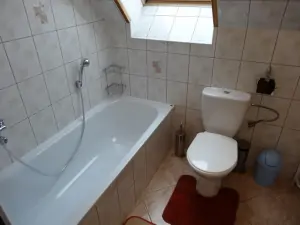 koupelna v podkroví je vybavena vanou, WC a umyvadlem