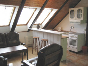 Obytná místnost - pohled od sedací soupravy ke kuchyňskému koutu