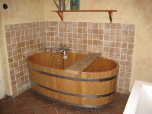 Koupelna s hydromasážním sprchovým koutem, dřevěnou lázeňskou vanou, ...
