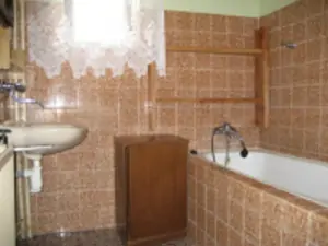 Koupelna v přízemí je vybavena, vanou, sprchovým koutem a umyvadlem