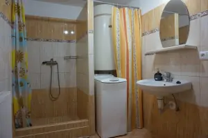 koupelna je vybavena sprchovým koutem, WC a umyvadlem (pračka na fotografii není k dispozici)