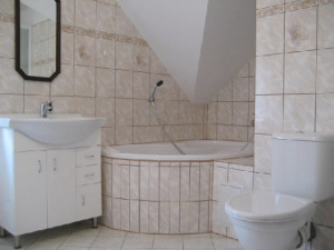 Koupelna je vybavena vanou, sprchovým koutem, WC a umyvadlem