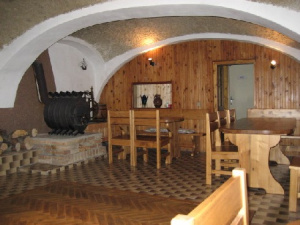 Společenská místnost s posezením, kamny a barovým pultem