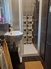 koupelna se sprchovým koutem, umyvadlem a WC v podkroví