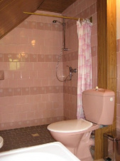 Koupelna je vybavena, vanou, sprchovým koutem, WC a umyvadlem