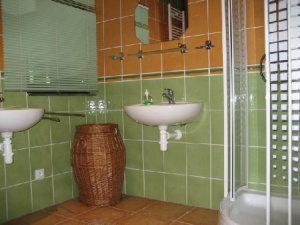 Koupelna se sprchovým koutem, WC a 2 umyvadly