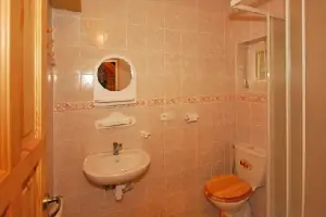 Koupelna je vybavena sprchovým koutem, WC a umyvadlem (apartmán B)