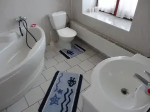 Koupelna v přízemí s rohovou vanou, WC a umyvadlem