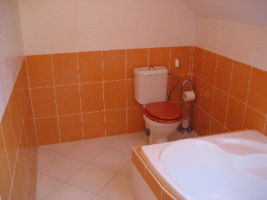 Koupelna s vanou, WC a umyvadlem v podkroví