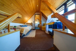 průchozí ložnice s lůžkem o šířce 110 cm pro 1 osobu a rozkládacím křeslem v podkroví