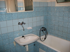 Koupelna v suterenu je vybavena vanou, WC a umyvadlem