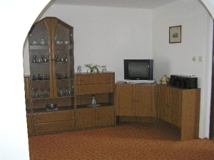 Pohled z kuchyně do obytného pokoje, obě místnosti jsou navzájem propojeny