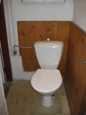Koupelna je vybavena ruční sprchou, umyvadlem a WC 
