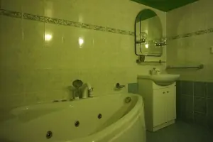 koupelna s hydromasážní vanou a umyvadlem