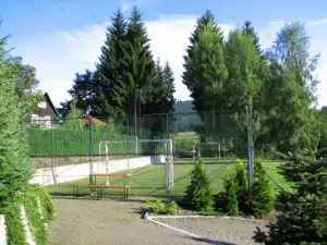Na zahradě je k dispozici hřiště s umělou trávou, s brankami a sítí 