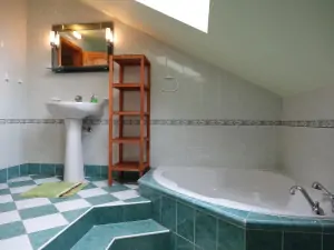 podkroví - koupelna se sprchovým koutem, vanou a umyvadlem