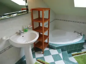 podkroví - koupelna se sprchovým koutem, vanou a umyvadlem