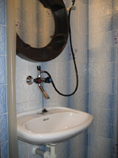 Koupelna je vybavena ruční sprchou a umyvadlem