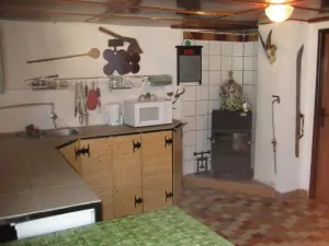 Z bývalé garáže byla vytovřena společenská místnost s posezením, krbovými kamny a zahradní kuchyňkou 