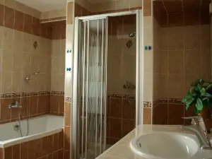 Koupelna v přízemí je vybavena sprchovým koutem, vanou a umyvadlem