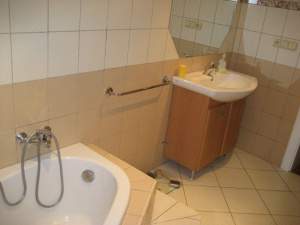 Koupelna v přízemí je vybavena rohovou vanou, sprchovým koutem a umyvadlem