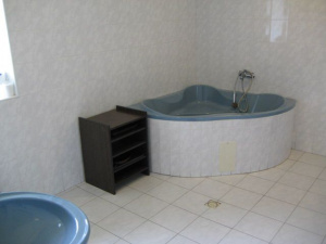 Koupelna je vybavena rohovou vanou, WC a umyvadlem