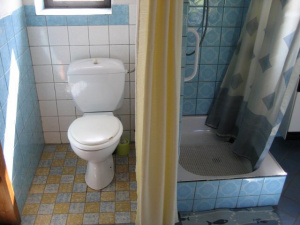 Koupelna je vybavena sprchovým koutem, vanou, WC a umyvadlem