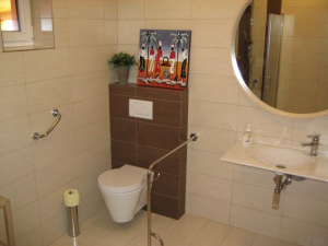 Bezbariérová koupelna v přízemí je vybavena sprchovým koutem, WC a umyvadlem