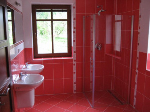 Koupelna v přízemí je vybavena sprchovým koutem a 2 umyvadly