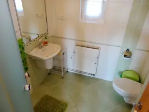 koupelna se sprchovým koutem, umyvadlem a WC v prvním patře