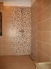 Koupelna v přízemí s otevřeným sprchovým koutem a umyvadlem
