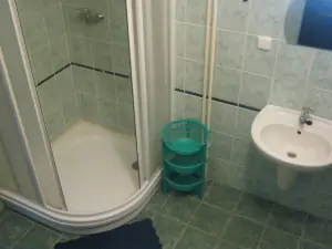 koupelna je vybavena sprchovým koutem a umyvadlem