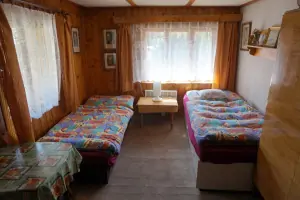 ložnice v přízemí se 2 lůžky, rozkládacím gaučem pro 1 osobu a kamny