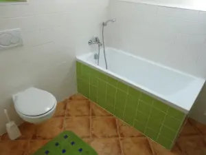 Koupelna s vanou, WC a umyvadlem v podkroví