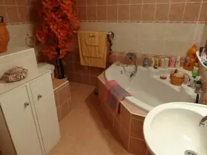 koupelna v přízemí s vanou, WC a umyvadlem