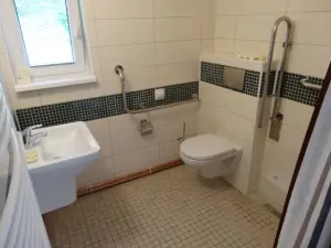 Bezbariérová koupelna se sprchovým koutem, WC a umyvdlem