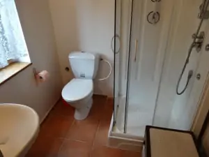 Koupelna je vybavene sprchovým koutem, WC a umyvadlem